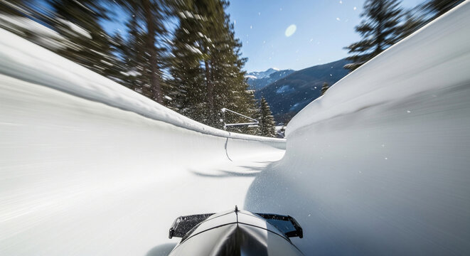 Dynamic bobsledding race on an ice track, first person view
