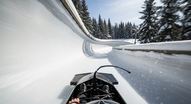 Dynamic bobsledding race on an ice track, first person view