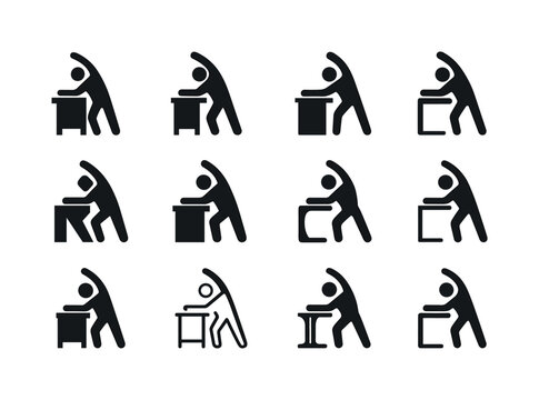 Work Break Stretch Icons. Taking a break from work to stretch. Icon set. Set Logo of Taking a break from work to stretch: desk push stretch. harmonious logo