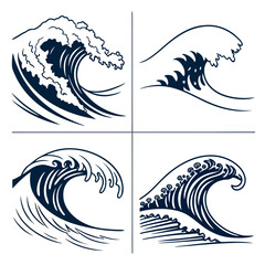 Four stylized wave illustrations