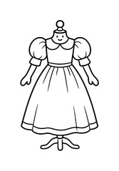Fototapeta premium Victorian Dress Coloring Page. Victorian-inspired attire children?s coloring book illustration, outlined drawing, simple long dress with puffed sleeves on a