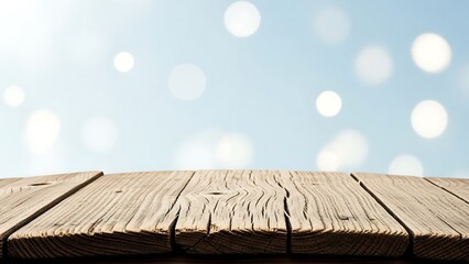 Weathered Wooden Planks Under Falling Snow snowflakes bokeh effect blue sky