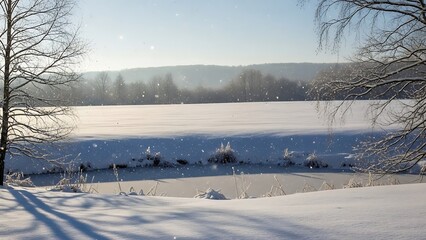 Snow falling on frozen landscape with bare trees and rolling hills winter