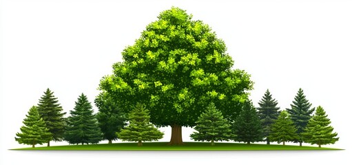 Showcases oak, pine, and Christmas trees in an isolated setting.