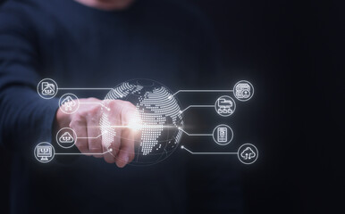 Innovative businessman touch digital edge network managing global database connection concept futuristic technology interface on dark background