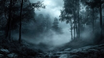 Obraz premium Foggy forest path at night, mysterious mood, nature scene, ideal for fantasy or horror
