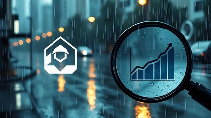 A dramatic cinematic style painting of a wet rainy scene, featuring a geometric logo and a magnifying glass revealing a business growth chart. The logo.