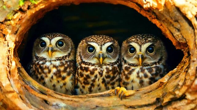 Three adorable spotted owlets peer curiously from the dark, cozy hollow opening within a rustic tree trunk home