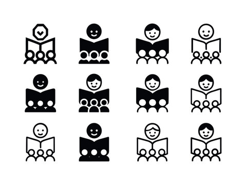 Reading Aloud Icons. Reading aloud to students. Icon set. Set Logo of Reading aloud to students: book and smiling face. harmonious logo variations of the same