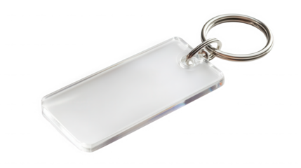Clear keychain with a blank label and silver ring on transparent background