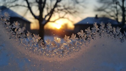 Frosty windowpane with snowflakes at sunrise or sunset