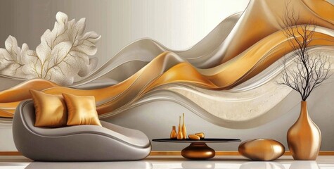 Contemporary wall decor combining painted textures and metallic accents.