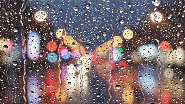 Abstract background of raindrops streaming down glass at night with vibrant city lights creating beautiful bokeh effects.