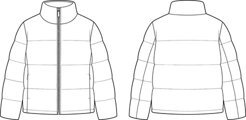 Flat vector illustration, technical puffer jacket sketch, oversized hooded design, front and back view, fashion template, garment blueprint © Mehebub Creatives