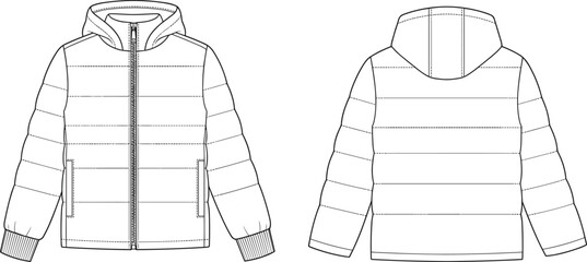Flat vector illustration, technical puffer jacket sketch, hooded design, front and back view, fashion template, garment construction blueprint © Mehebub Creatives