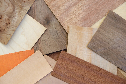 Collection of Overlapping Wood Veneer Samples in Assorted Natural Species and Grain Patterns
