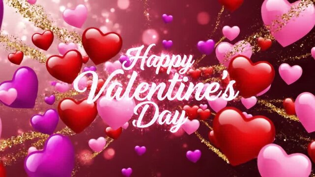 Glossy red pink and purple hearts float across a festive background with sparkling golden streaks and bokeh lights White script reads Happy Valentines Day