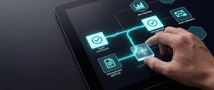 Digital Workflow Management: Hand Interacting with Touchscreen Interface for Business Automation