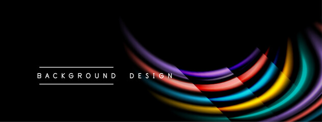 Abstract colorful lines curve across black background. Modern design elements create dynamic visual impact. Simple text labels bottom corner.