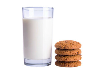 A tall glass of white liquid stands next to a stack of four round, baked treats