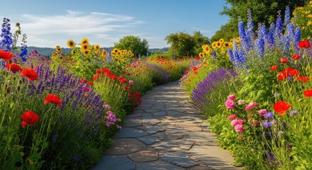 Winding stone path leading through a beautiful and vibrant summer flower garden filled with colorful poppies lavender and sunflowers under a bright blue sky