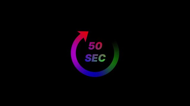 Colorful timer 50 seconds countdown loading progress bar animation on black background for intro or explainer
