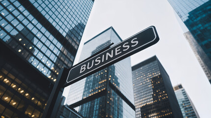 Business sign on street amidst modern skyscrapers in financial district