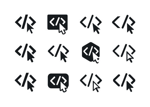 Programming Logo Icons. Programming. Icon set. Set Logo of Programming: cursor and code line. harmonious logo variations of the same emblematic concept, each