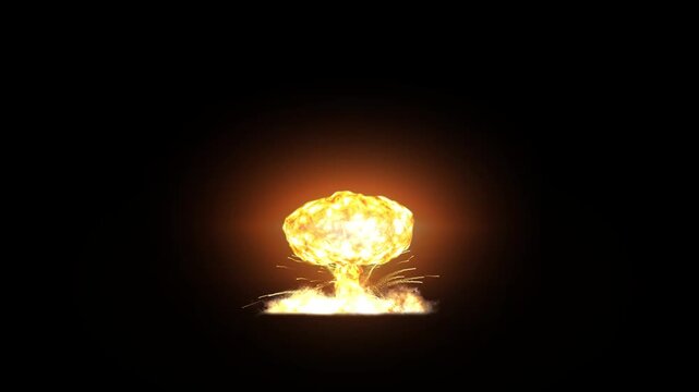 Large Nuclear Explosion Mushroom Cloud with Fire and Smoke on Black Background