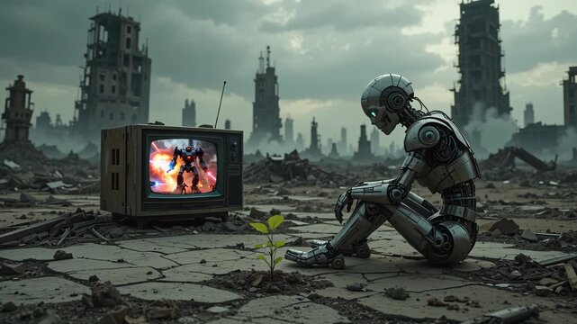 Sad Robot Sitting in Post-Apocalyptic Ruins Watching War on TV Next to a Green Sprout of Hope