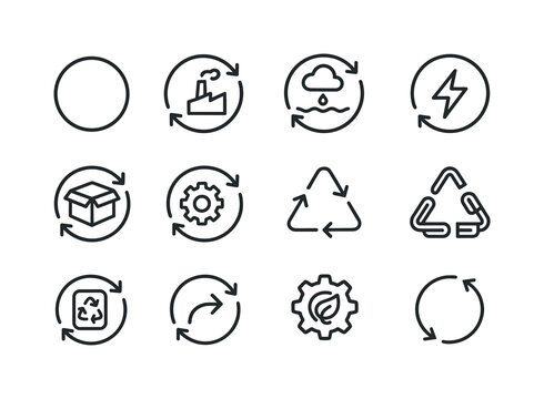 Closed Loop Icons. Closed Loop Systems. Line icon set of Closed Loop Systems: looped cycle, factory loop, water cycle, energy loop, product return,