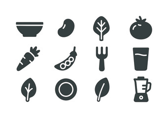 Plant-Based Diet Icons. Plant-Based Diet. Solid icon set of plant-based diet: bowl, bean, lentil, spinach leaf, tomato, carrot, peas, fork, water glass, leaf,