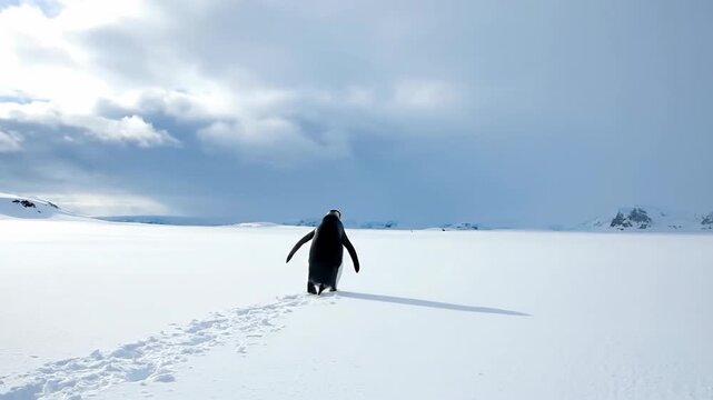 Solitary Penguin Walking Across Vast Snowy Antarctic Landscape