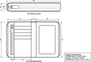 Flat vector illustration, technical wallet sketch, zippered design, synthetic leather, fashion accessory template, product specification, multi-view blueprint © Mehebub Creatives