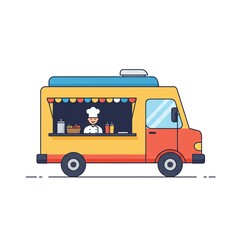 Food truck with chef and food items