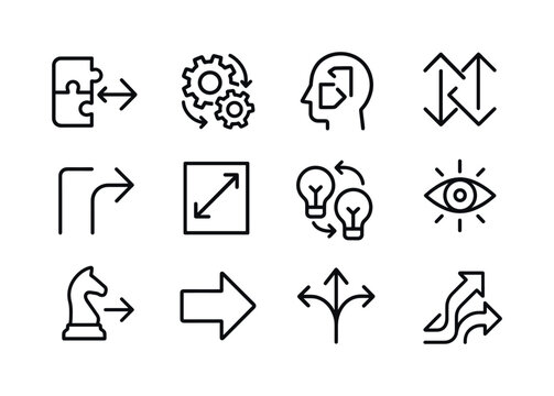 Paradigm Shift Icons. paradigm shift. Line icon set of paradigm shift: puzzle piece switch, gear shift, flipped perspective, contrast arrows, change of