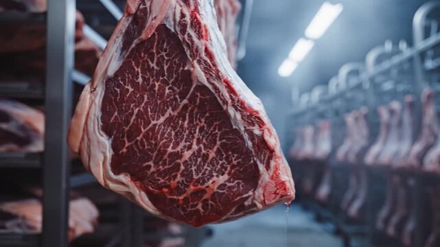 Rows of hanging red beef steaks in cold storage