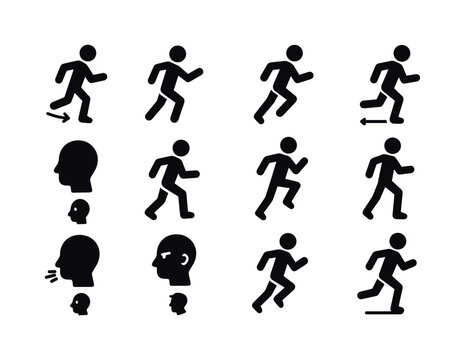 Running Posture Icons. Running posture. Solid icon set of Running posture: heel strike icon, arm swing, forward lean, stride length, head position, midfoot