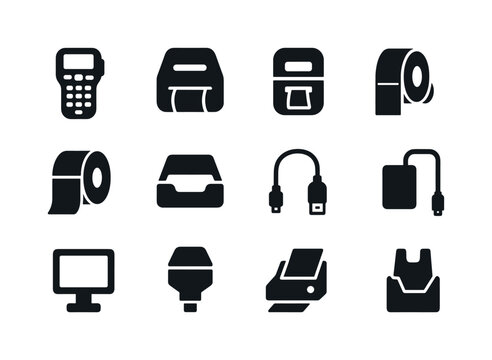 Label Printing Icons. Label printing equipment. Solid icon set of label printing equipment: handheld printer, desktop printer, mobile printer, ribbon roll,