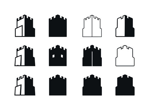 Monolithic Building Icons. Monolithic building. Icon set. Set Logo of monolithic building: monolithic fortress block. harmonious logo variations of the same