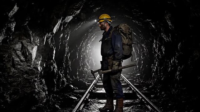 Coal Miner with Tools Standing on Rails Inside Dark Mine Shaft