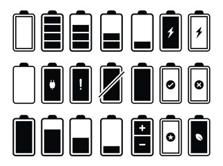 Battery Level Icon Set for Interface Design and Power Management | Universal Battery Status Symbols for Mobile Apps and Web UI | Vector Battery Charging Indicators with Energy and Warning Icons