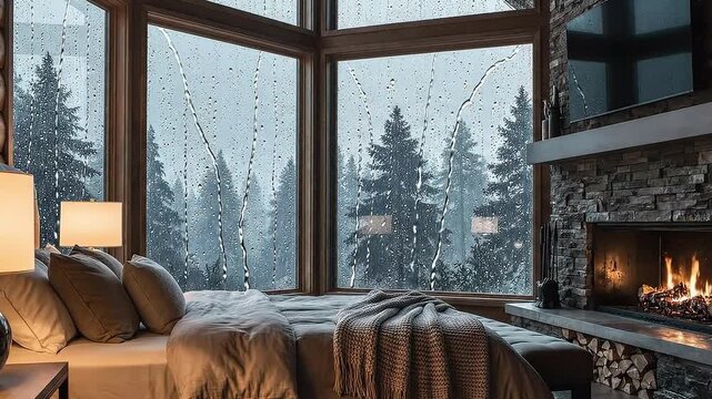 A luxury bedroom interior view featuring heavy rain streaming down large windows and a cozy stone fireplace burning brightly in a winter cabin retreat.
