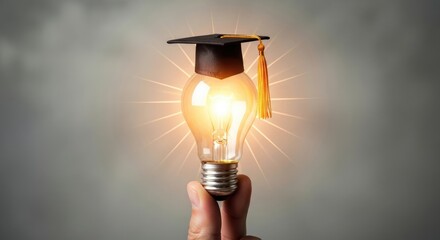 Glowing light bulb with a graduation cap held by a human hand, symbolizing innovative concepts, educational success, and the bright spark of knowledge and wisdom