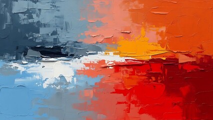Closeup of abstract rough colorful blues melt into fiery reds, evoking colors art painting texture background wallpaper, with oil or acrylic brushstroke waves