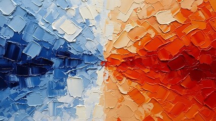 Closeup of abstract rough colorful blues melt into fiery reds, evoking colors art painting texture background wallpaper, with oil or acrylic brushstroke waves