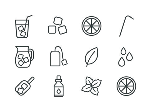 Iced Tea Line Icons. Iced tea. Line icon set of iced tea: tall glass, ice cubes, lemon slice, straw, pitcher, tea bag, leaf, cold droplets, ice scoop, sugar