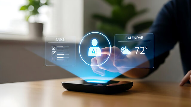 Person interacting with holographic user interface displaying data analytics and human profile visualization - Powered by Adobe