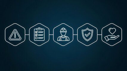 Construction safety icons set with hard hat warning sign first aid kit and protective gear outlined on dark background