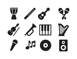 Fototapeta premium World Music Icons. World music. Solid icon set of World music: drum, flute, guitar, maracas, violin, traditional horn, piano keys, harp, microphone, music